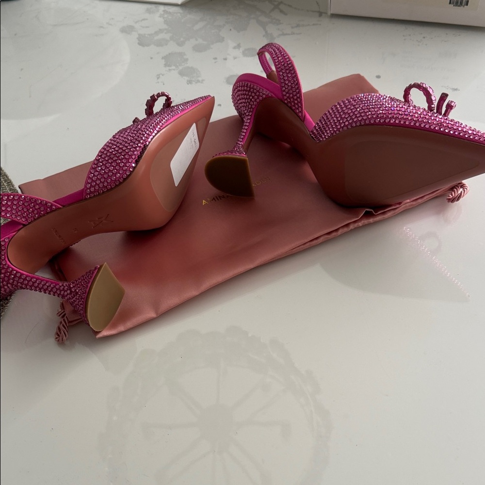 Amina Muaddi Fuchsia Crystal Slingback Pumps with Bow - Picture 11 of 14